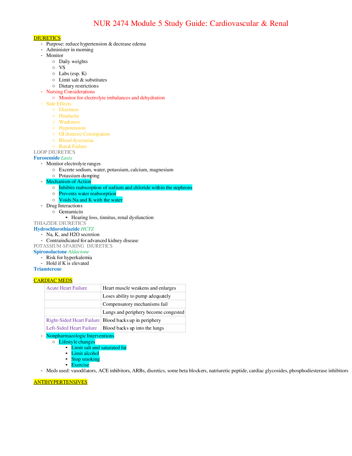 Preview image of NUR 2474 Module 5 Study Guide: Cardiovascular & Renal document
